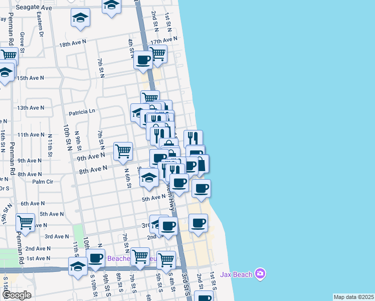 map of restaurants, bars, coffee shops, grocery stores, and more near 109 8th Avenue North in Jacksonville Beach