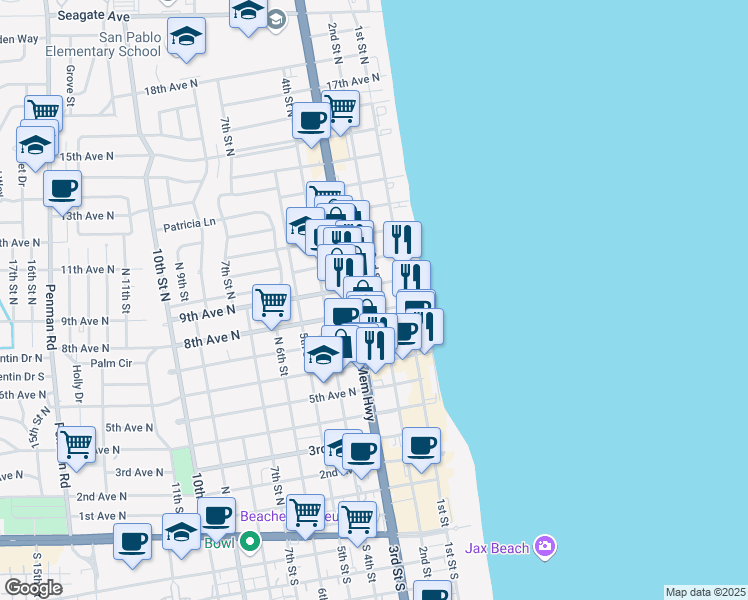 map of restaurants, bars, coffee shops, grocery stores, and more near 281 8th Avenue North in Jacksonville Beach
