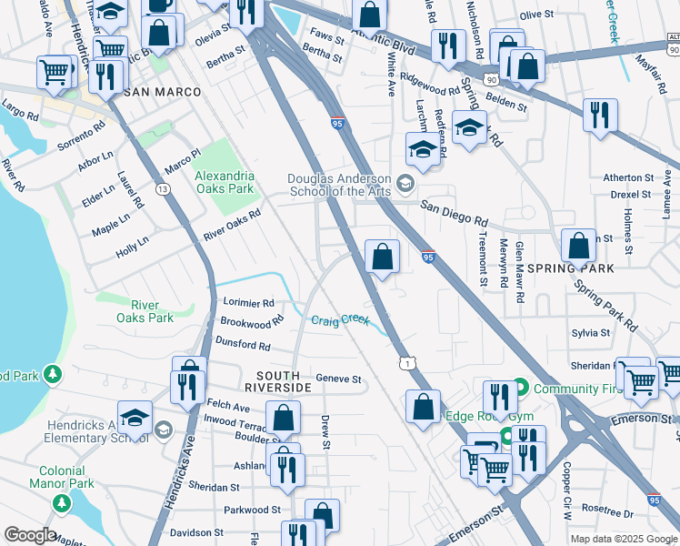 map of restaurants, bars, coffee shops, grocery stores, and more near in Jacksonville