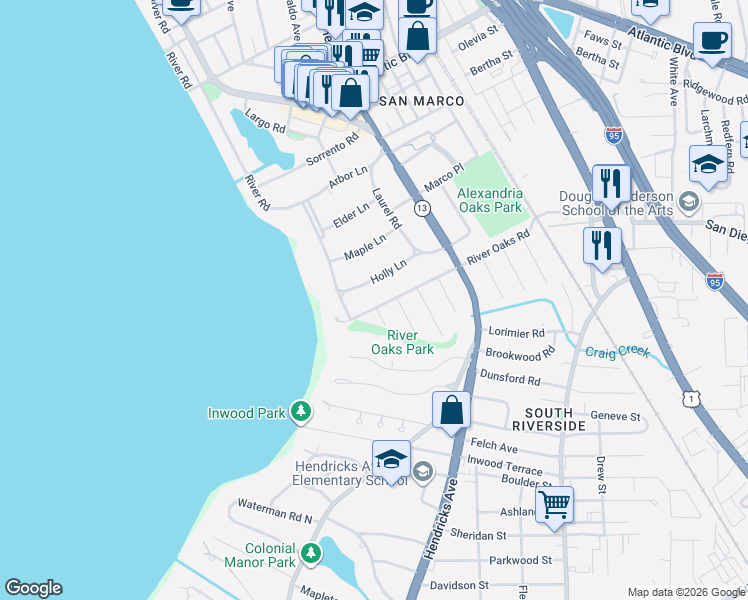 map of restaurants, bars, coffee shops, grocery stores, and more near 1031 River Oaks Road in Jacksonville