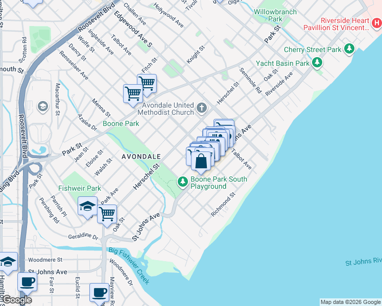 map of restaurants, bars, coffee shops, grocery stores, and more near 3636 Oak Street in Jacksonville