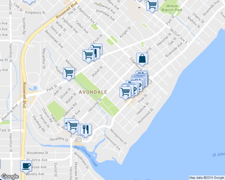 map of restaurants, bars, coffee shops, grocery stores, and more near 3665 Herschel Street in Jacksonville