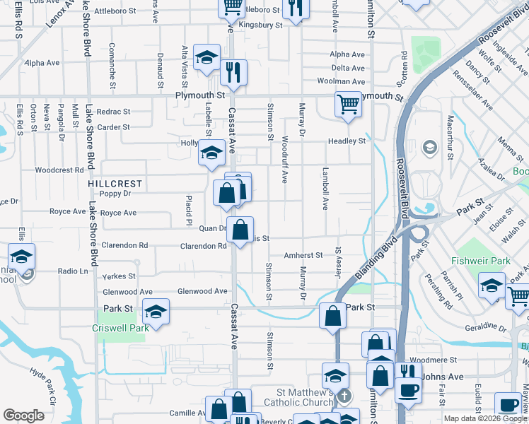 map of restaurants, bars, coffee shops, grocery stores, and more near 1365 Dakar Street in Jacksonville
