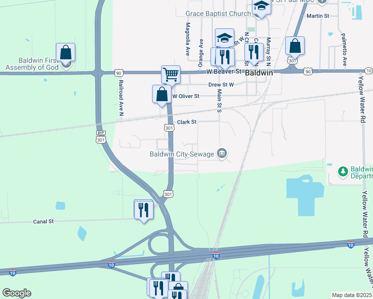 map of restaurants, bars, coffee shops, grocery stores, and more near 110 Higginbotham Street in Baldwin