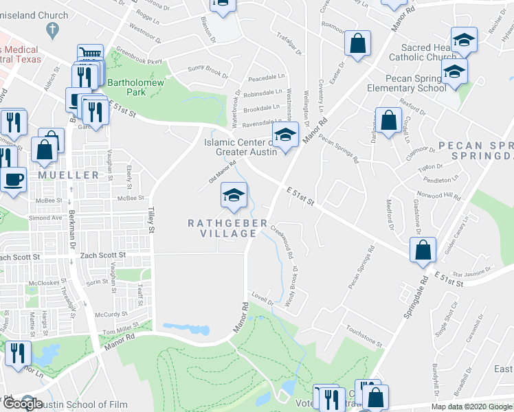 map of restaurants, bars, coffee shops, grocery stores, and more near 2501 Manor Circle in Austin
