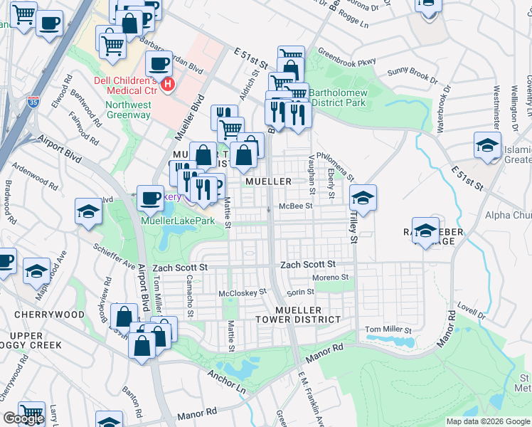 map of restaurants, bars, coffee shops, grocery stores, and more near 2121 McBee Street in Austin