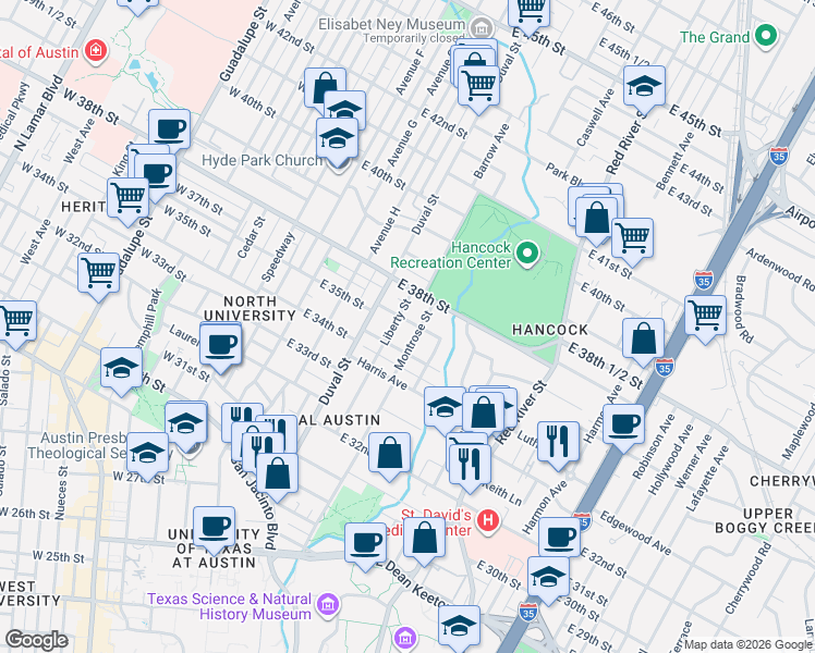 map of restaurants, bars, coffee shops, grocery stores, and more near 601 Texas Avenue in Austin