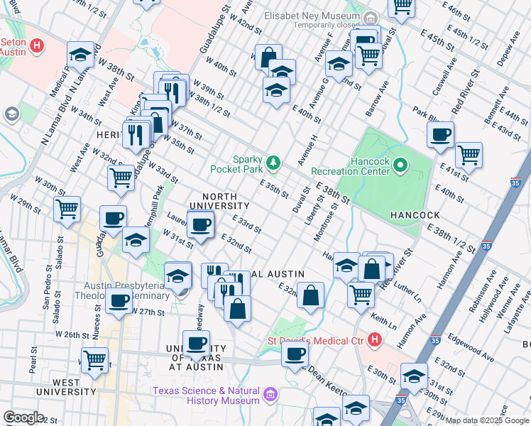 map of restaurants, bars, coffee shops, grocery stores, and more near 311 East 34th Street in Austin