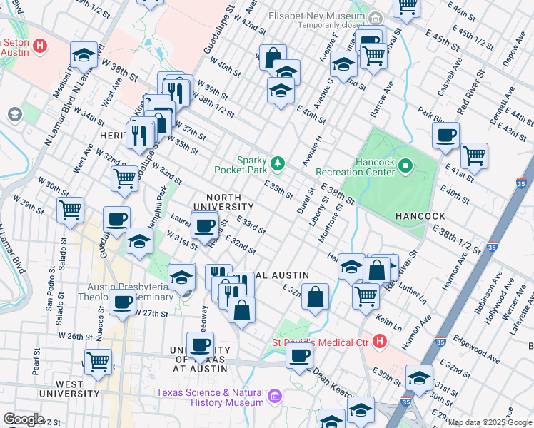 map of restaurants, bars, coffee shops, grocery stores, and more near 311 East 34th Street in Austin