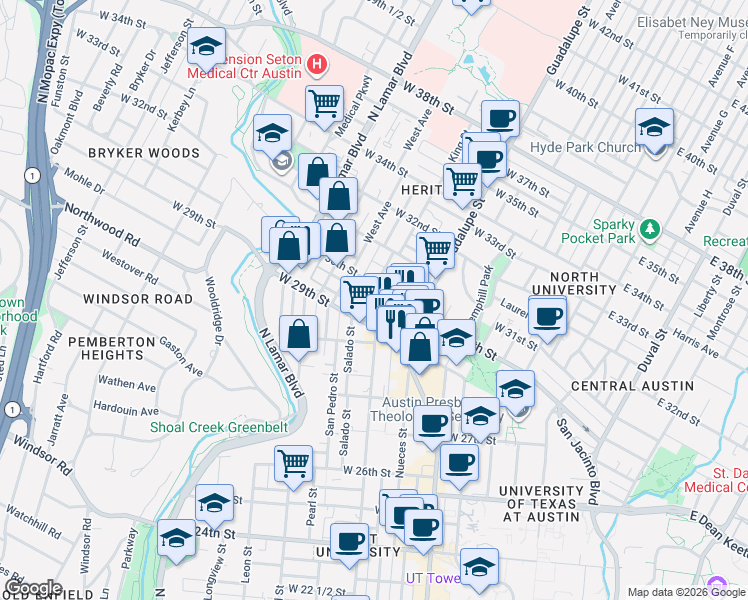 map of restaurants, bars, coffee shops, grocery stores, and more near 2907 West Avenue in Austin