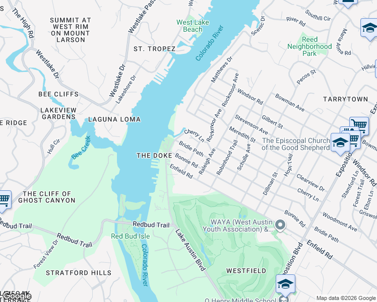 map of restaurants, bars, coffee shops, grocery stores, and more near 3705 Bridle Path in Austin