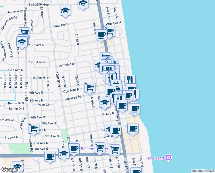 map of restaurants, bars, coffee shops, grocery stores, and more near 328 9th Avenue North in Jacksonville Beach