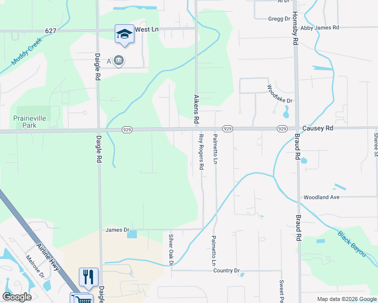 map of restaurants, bars, coffee shops, grocery stores, and more near 15477 Shirley Drive in Prairieville