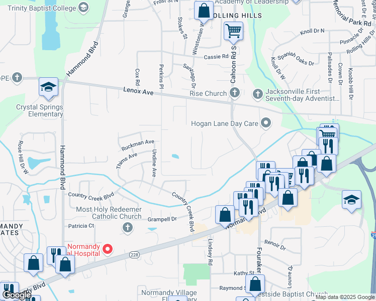 map of restaurants, bars, coffee shops, grocery stores, and more near 8304 Fouraker Forest Road in Jacksonville