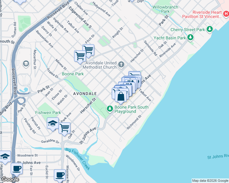 map of restaurants, bars, coffee shops, grocery stores, and more near 3636 Oak Street in Jacksonville