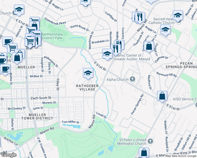 map of restaurants, bars, coffee shops, grocery stores, and more near 2501 Manor Circle in Austin