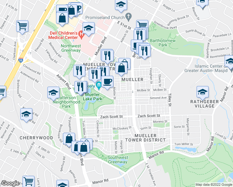 map of restaurants, bars, coffee shops, grocery stores, and more near 4417 Mattie Street in Austin
