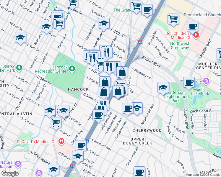 map of restaurants, bars, coffee shops, grocery stores, and more near 4000 Interstate 35 in Austin