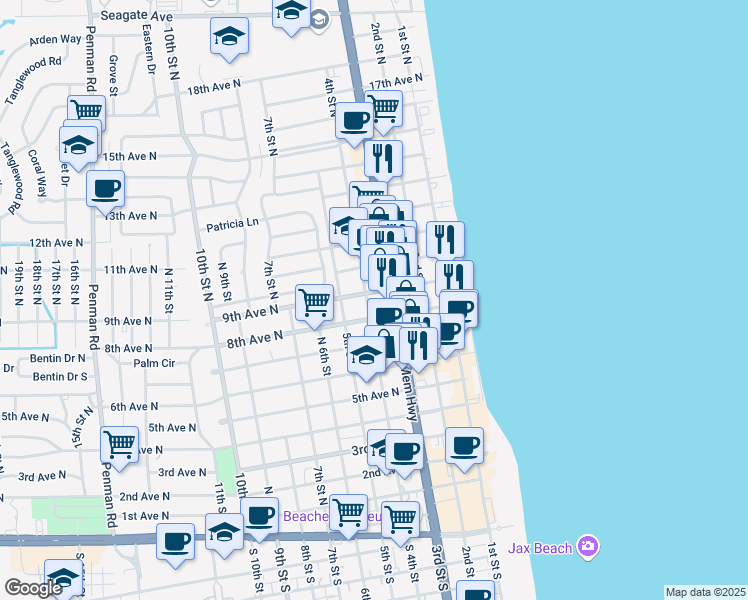 map of restaurants, bars, coffee shops, grocery stores, and more near 328 9th Avenue North in Jacksonville Beach