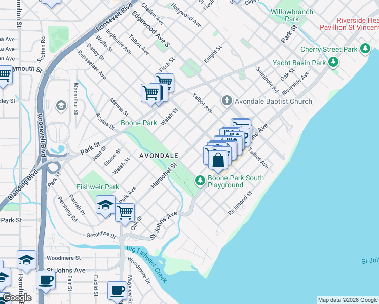 map of restaurants, bars, coffee shops, grocery stores, and more near 3665 Herschel Street in Jacksonville