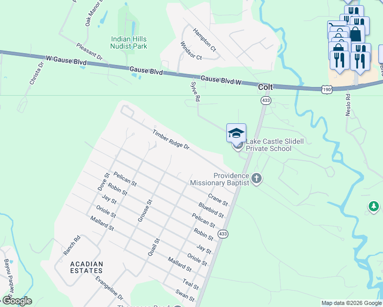 map of restaurants, bars, coffee shops, grocery stores, and more near 139 Timber Ridge Drive in Slidell