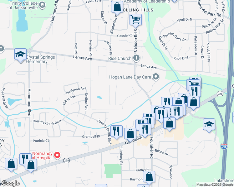 map of restaurants, bars, coffee shops, grocery stores, and more near 1457 Knudson Drive in Jacksonville