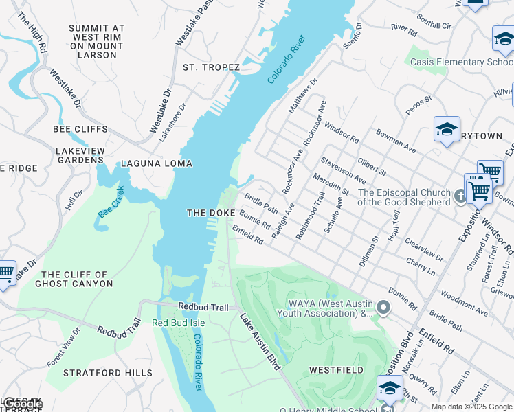 map of restaurants, bars, coffee shops, grocery stores, and more near 3705 Bridle Path in Austin