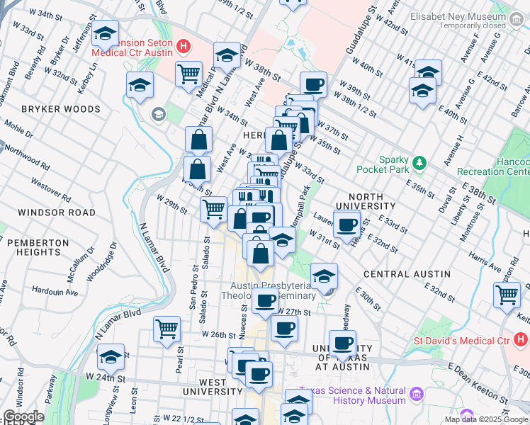 map of restaurants, bars, coffee shops, grocery stores, and more near 3023 Guadalupe Street in Austin