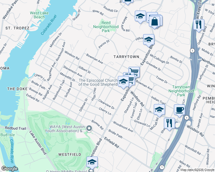 map of restaurants, bars, coffee shops, grocery stores, and more near 2909 Gilbert Street in Austin