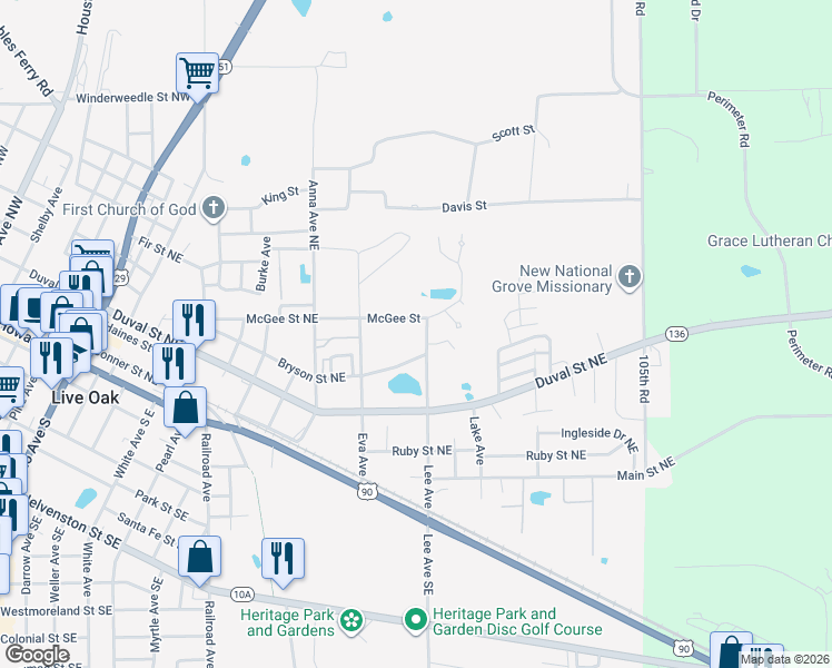 map of restaurants, bars, coffee shops, grocery stores, and more near 431 Lee Avenue in Live Oak
