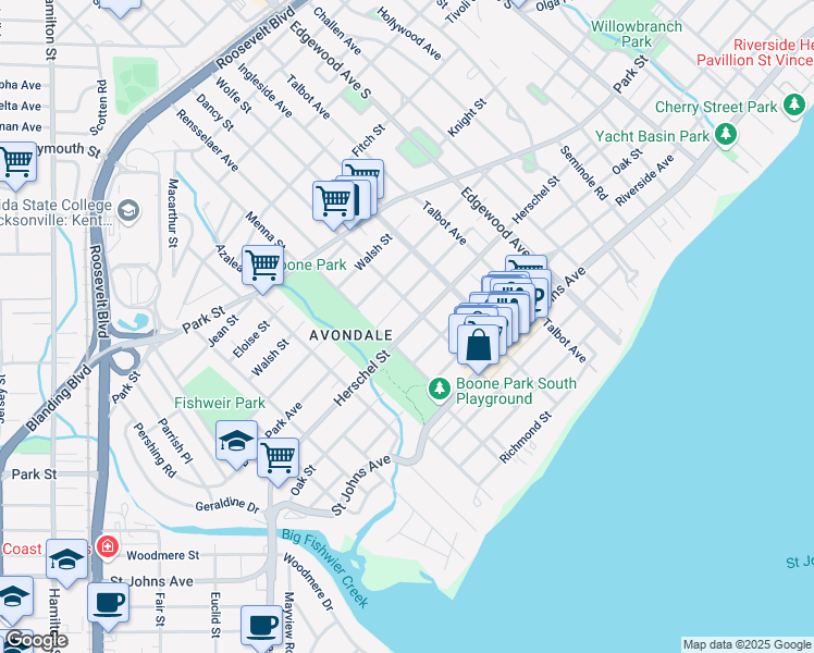 map of restaurants, bars, coffee shops, grocery stores, and more near 3665 Herschel Street in Jacksonville