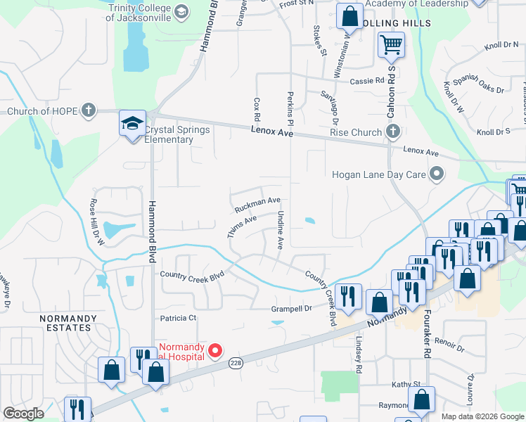 map of restaurants, bars, coffee shops, grocery stores, and more near 1443 Compton Road in Jacksonville