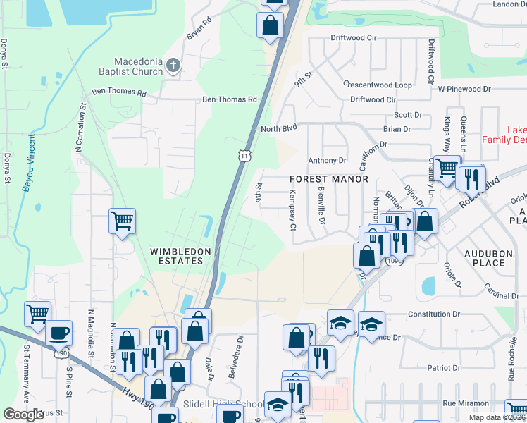 map of restaurants, bars, coffee shops, grocery stores, and more near 647 9th Street in Slidell