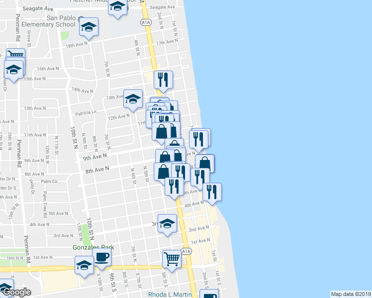 map of restaurants, bars, coffee shops, grocery stores, and more near 109 8th Avenue North in Jacksonville Beach