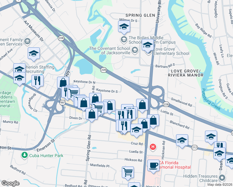 map of restaurants, bars, coffee shops, grocery stores, and more near 5540 Keystone Drive South in Jacksonville