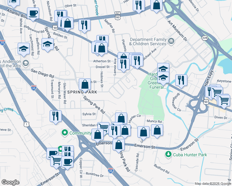 map of restaurants, bars, coffee shops, grocery stores, and more near 3675 Nicholas Circle South in Jacksonville