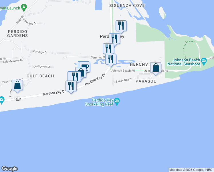 map of restaurants, bars, coffee shops, grocery stores, and more near 13597 Perdido Key Drive in Pensacola