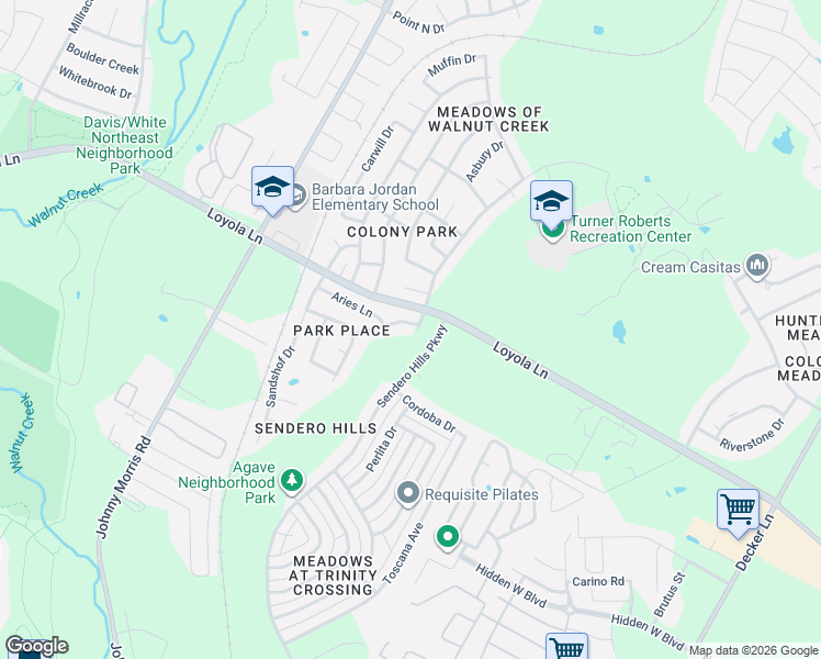 map of restaurants, bars, coffee shops, grocery stores, and more near 7109 Astro View Drive in Austin