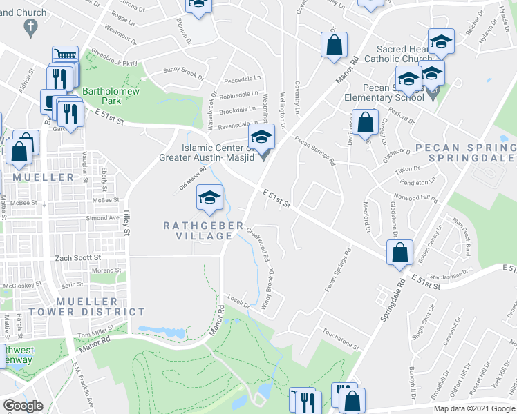 map of restaurants, bars, coffee shops, grocery stores, and more near 2506 Manor Circle in Austin