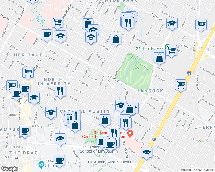 map of restaurants, bars, coffee shops, grocery stores, and more near 601 Texas Avenue in Austin