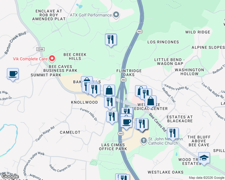map of restaurants, bars, coffee shops, grocery stores, and more near 6200 Bee Caves Road in Austin