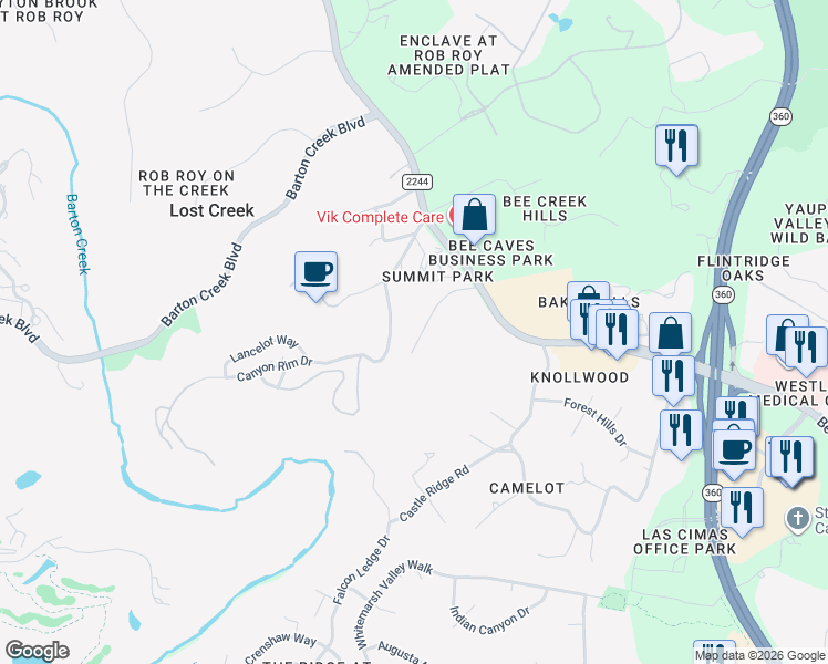 map of restaurants, bars, coffee shops, grocery stores, and more near 333 Canyon Rim Drive in Austin