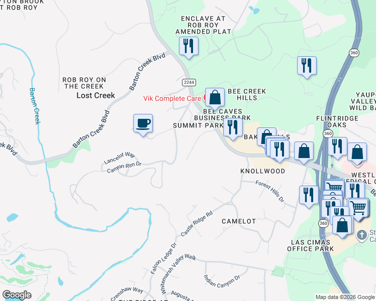 map of restaurants, bars, coffee shops, grocery stores, and more near 333 Canyon Rim Drive in Austin