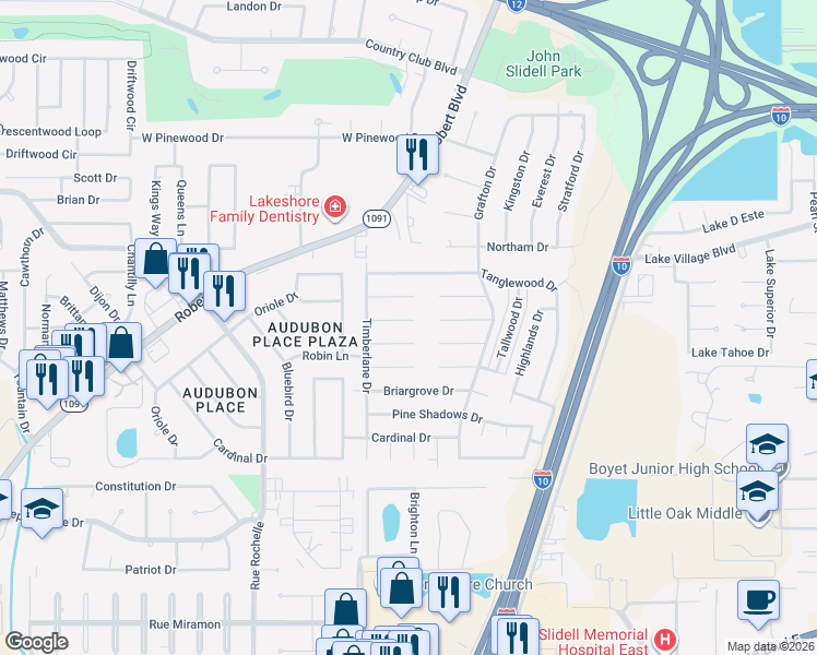 map of restaurants, bars, coffee shops, grocery stores, and more near 413 Arrowwood Drive in Slidell