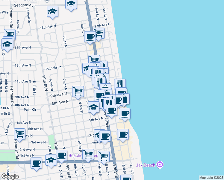 map of restaurants, bars, coffee shops, grocery stores, and more near 905 2nd Street North in Jacksonville Beach
