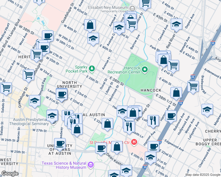 map of restaurants, bars, coffee shops, grocery stores, and more near 601 Texas Avenue in Austin