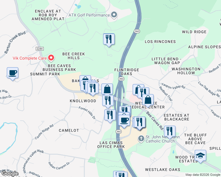 map of restaurants, bars, coffee shops, grocery stores, and more near 6200 Bee Caves Road in Austin