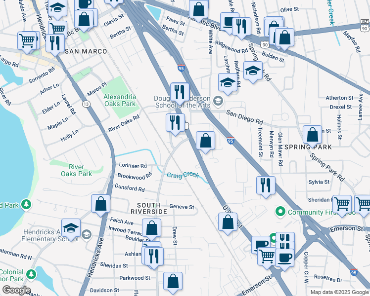 map of restaurants, bars, coffee shops, grocery stores, and more near 3036 Philips Highway in Jacksonville
