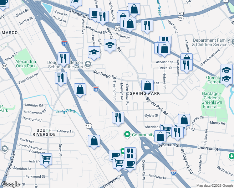 map of restaurants, bars, coffee shops, grocery stores, and more near 2703 Treemont Street in Jacksonville