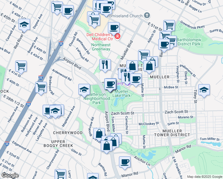 map of restaurants, bars, coffee shops, grocery stores, and more near 4550 Mueller Central Drive in Austin